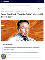 Could Elon Musk “Tank the Dollar” with $100B Bitcoin Buy?