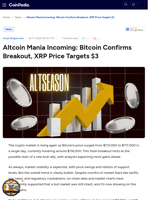 Altcoin Mania Incoming: Bitcoin Confirms Breakout, XRP Price Targets $3