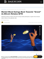 Market Mood Swings Back Towards “Greed” As Bitcoin Retakes $71K - DailyCoin