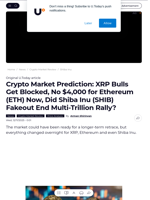 Crypto Market Prediction: XRP Bulls Get Blocked, No $4,000 for Ethereum (ETH) Now, Did Shiba Inu (SHIB) Fakeout End Multi-Trillion Rally? - U.Today