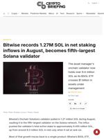 Bitwise records 1.27M SOL in net staking inflows in August, becomes fifth-largest Solana validator