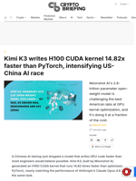 Kimi K3 writes H100 CUDA kernel 14.82x faster than PyTorch, intensifying US-China AI race