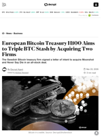 European Bitcoin Treasury H100 Aims to Triple BTC Stash by Acquiring Two Firms - Decrypt