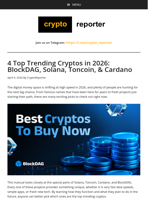 4 Top Trending Cryptos in 2026: BlockDAG, Solana, Toncoin, & Cardano