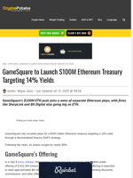 GameSquare to Launch $100M Ethereum Treasury Targeting 14% Yields