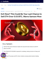 Exit Now? This Could Be Your Last Chance to Sell ETH Over 0.03 BTC, Warns Samson Mow
