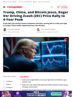 Trump, China, and Bitcoin Jesus, Roger Ver Driving Zcash (ZEC) Price Rally to 4-Year Peak - Coinspeaker
