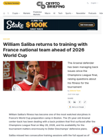 William Saliba returns to training with France national team ahead of 2026 World Cup