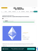 Ethereum rises 50% in April amid easing US-Iran tensions