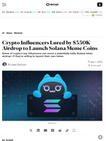 Crypto Influencers Lured by $350K Airdrop to Launch Solana Meme Coins - Decrypt