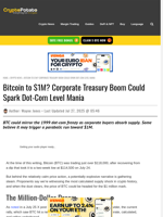 Bitcoin to $1M? Corporate Treasury Boom Could Spark Dot-Com Level Mania