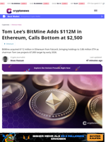 Tom Lee's BitMine Adds $112M in Ethereum, Calls Bottom at $2,500