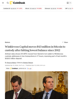 Winklevoss Capital moves $43 million in bitcoin to custody after lowest balance since 2012