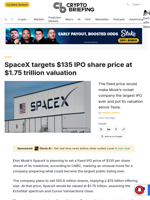 SpaceX targets $135 IPO share price at $1.75 trillion valuation
