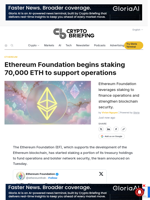 Ethereum Foundation begins staking 70,000 ETH to support operations