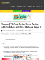 Ethereum (ETH) Price Decline, Recent Cardano (ADA) Predictions, and More: Bits Recap August 1