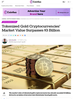 Tokenized Gold Cryptocurrencies’ Market Surpasses $3 Billion