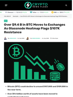 Over $9.4 B in Bitcoin (BTC) Moves to Exchanges As Glassnode Heatmap Flags $107K Safety Net