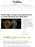 CertiK flags Tornado Cash deposits tied to wallet behind $1.58 million drain