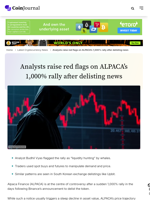 Analysts raise red flags on ALPACA’s 1,000% rally after delisting news - CoinJournal