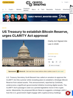 US Treasury to establish Bitcoin Reserve, urges CLARITY Act approval