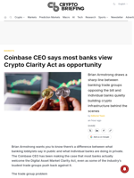 Coinbase CEO says most banks view Crypto Clarity Act as opportunity