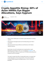 Asian HNWIs Increasing Crypto Allocations, Sygnum Reports