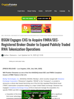 BSGM Engages CXG to Acquire FINRA/SEC-Registered Broker-Dealer to Expand Publicly Traded RWA Tokenization Operations