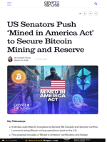 US Senators Push ‘Mined in America Act’ to Secure Bitcoin Mining and Reserve