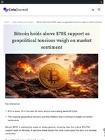 Bitcoin holds above $70K support as geopolitical tensions weigh on market sentiment