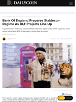 Bank Of England Prepares Stablecoin Regime As DLT Projects Line Up - DailyCoin