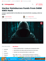 Hacker Reimburses Funds From $40M GMX Hack - Coinspeaker