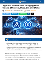 Algorand Enables USDC Bridging From Solana, Ethereum, Base