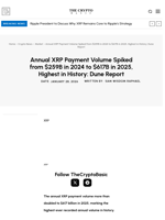Annual XRP Payment Volume Spiked from $259B in 2024 to $617B in 2025, Highest in History: Dune Report