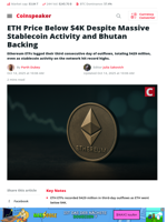 ETH Under $4K Despite Stablecoin Surge, Bhutan Support