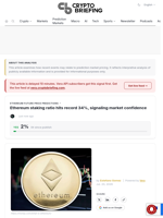 Ethereum staking ratio hits record 34%, signaling market confidence