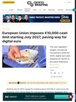 European Union imposes €10,000 cash limit starting July 2027, paving way for digital euro