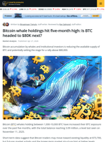 Bitcoin Whale Holdings Hit 5 Month High At 3.09M BTC