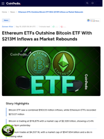 Ethereum ETFs Outshine Bitcoin ETF With $213M Inflows as Market Rebounds
