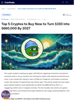 Top 5 Cryptos to Buy Now to Turn $330 into $660,000 By 2027