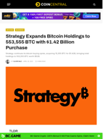 Strategy Expands Bitcoin Holdings to 553,555 BTC with $1.42 Billion Purchase - CoinCentral