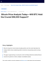 Bitcoin Price Analysis Today—Will BTC Hold the Crucial $98,000 Support?