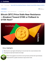 Bitcoin (BTC) Price Stalls Near Resistance—Breakout Toward $118K or Pullback to $115K Next?