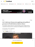 OCC chief says Democrats applying sole political pressure in World Liberty charter choice