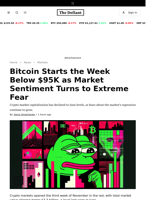 Bitcoin Starts the Week Below $95K as Market Sentiment Turns to Extreme Fear - 