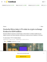 Deutsche Börse (DB1) buys 1.5% of crypto exchange Kraken for $200 million