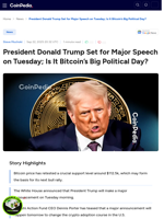 President Donald Trump Set for Major Speech on Tuesday; Is It Bitcoin's Big Political Day?