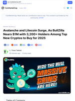 Avalanche and Litecoin Surge, As BullZilla Nears $1M with 3,200+ Holders Among Top New Cryptos to Buy for 2025: Guest Post by Times Tabloid | CoinMarketCap