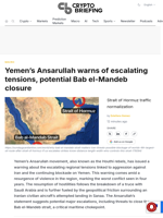 Yemen's Ansarullah warns of escalating tensions, potential Bab el-Mandeb closure