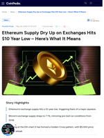 Ethereum Supply Dry Up on Exchanges Hits $10 Year Low – Here’s What It Means